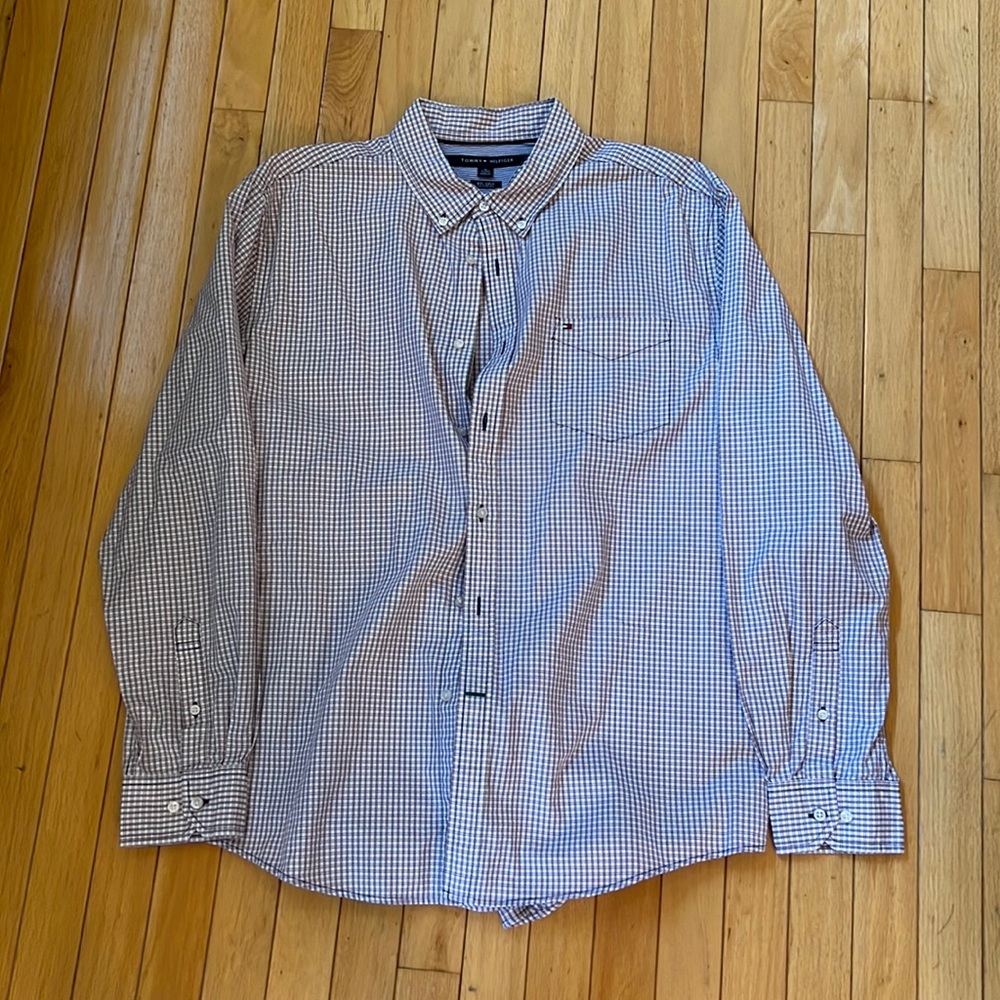 Tommy Hilfiger Dress Shirt - White with red and navy blue plaid